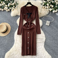 French chic chanel-inspired knit dress with bow and metal buckle detail - autumn layering sweater dress