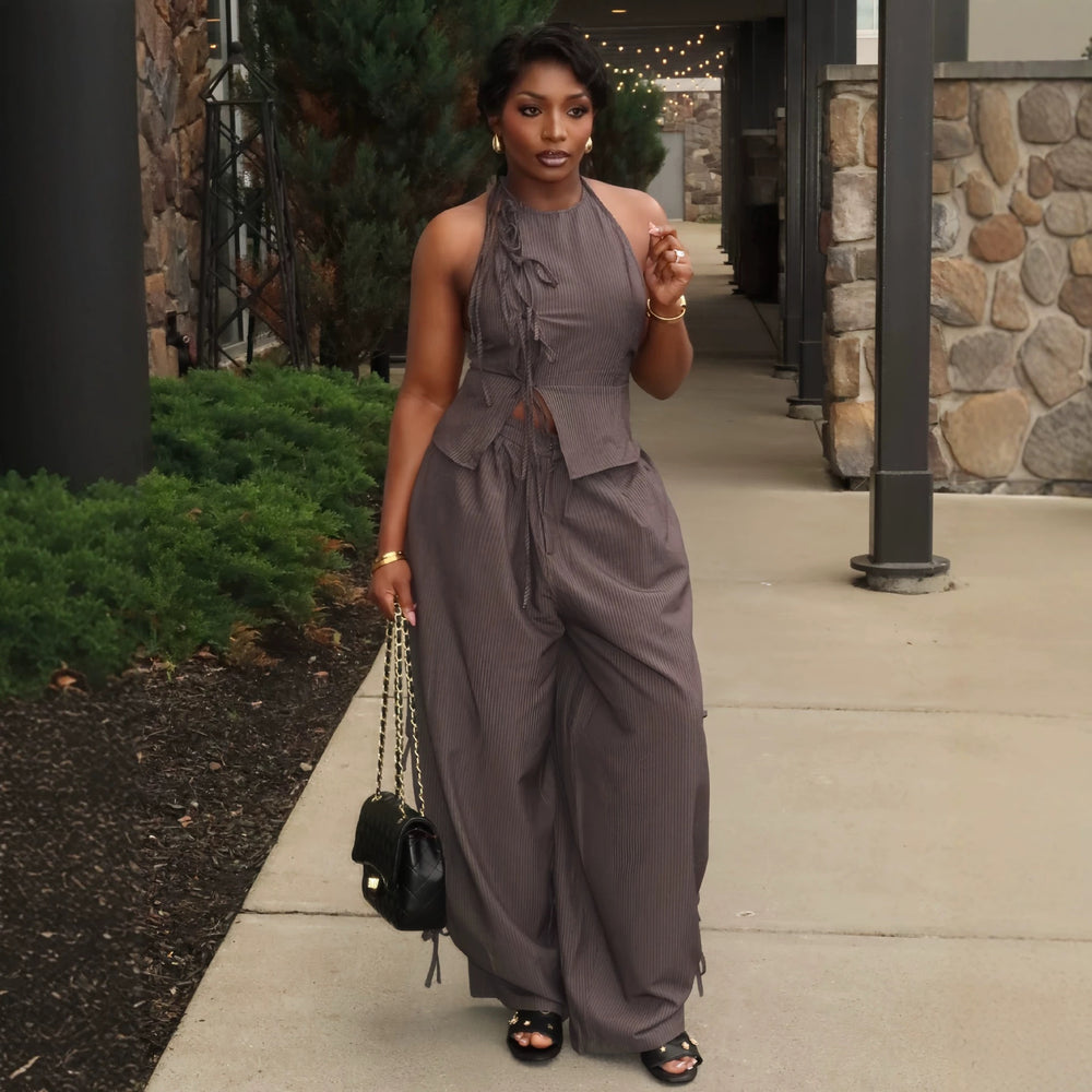 European and american cross-border women's fashion:  summer new collection - stylish bowknot striped sleeveless top and wide-leg pants set