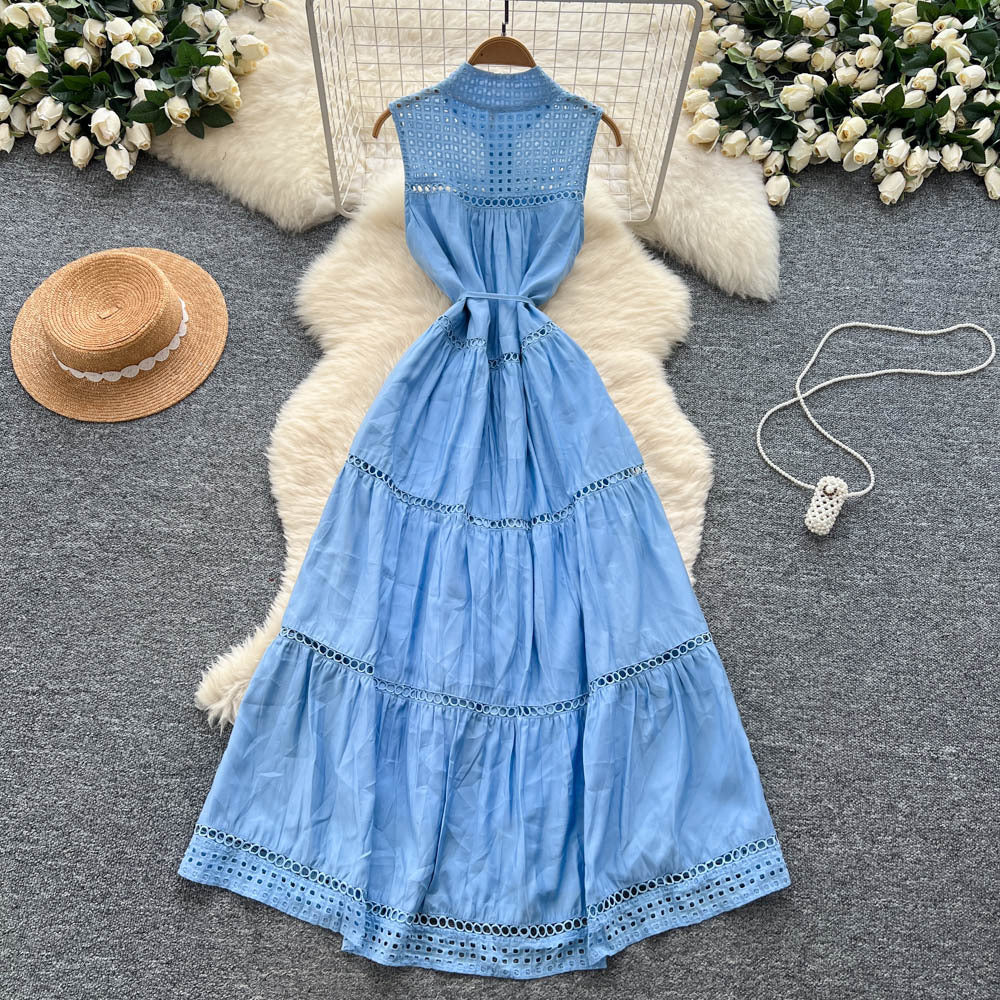Frenchclassy sense of strap waist sleeveless cut outembroider waist dress female summerslimming lookelegant long skirt