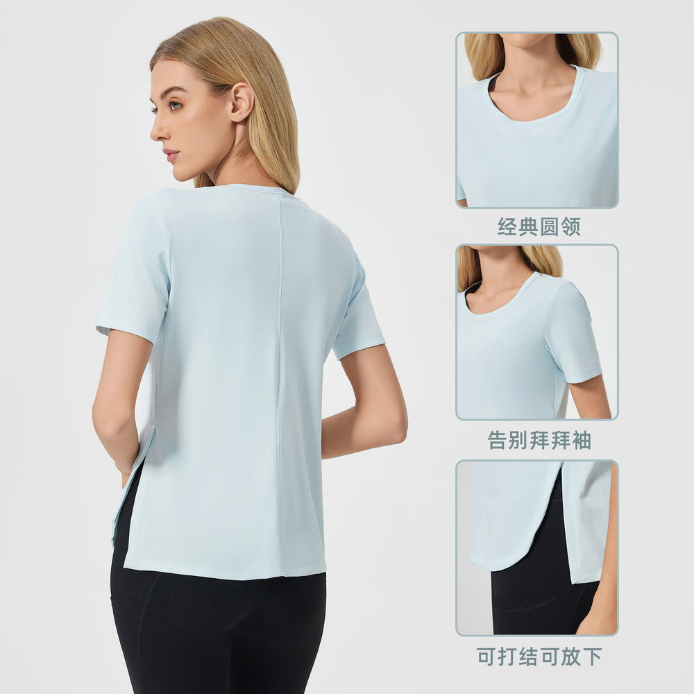 Summer loose breathable yoga top women's side slit quick-dry running fitness sports short sleeve dss125