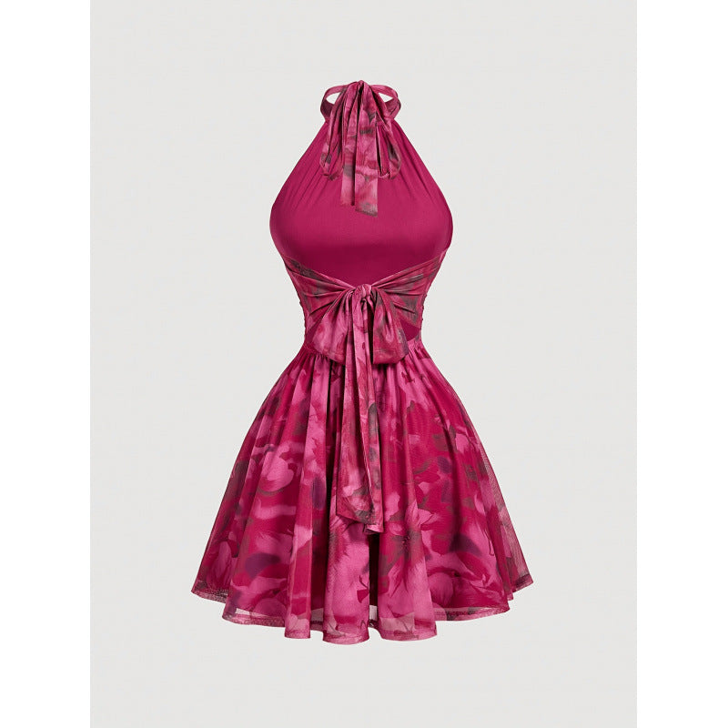 Women's summer new arrival: elegant and romantic mesh floral print bowknot backless a-line halter mini dress