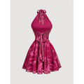 Women's summer new arrival: elegant and romantic mesh floral print bowknot backless a-line halter mini dress