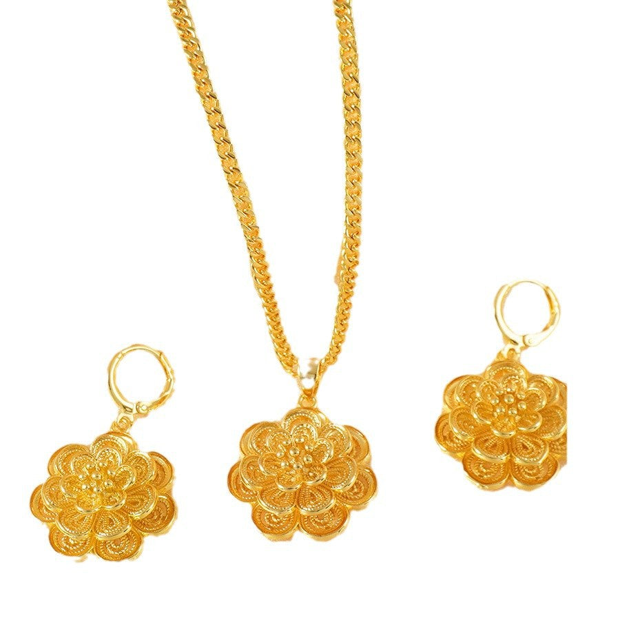 Middle eastern elegant style 2-piece jewelry set, luxurious gold-plated copper floral pendant necklace and earrings