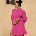 european and american cross-border women's spring new arrival: double-layer pleated bodycon round neck flared sleeve bodycon dress
