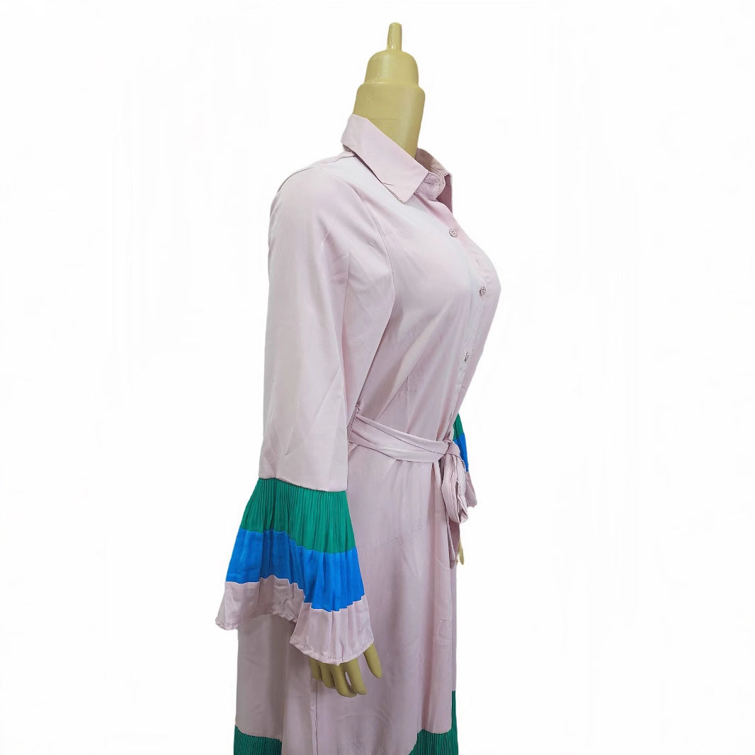 Cross-border  women's clothing color matching ruffle edge horn sleeve pleated dress lapel cardigan chiffon dress