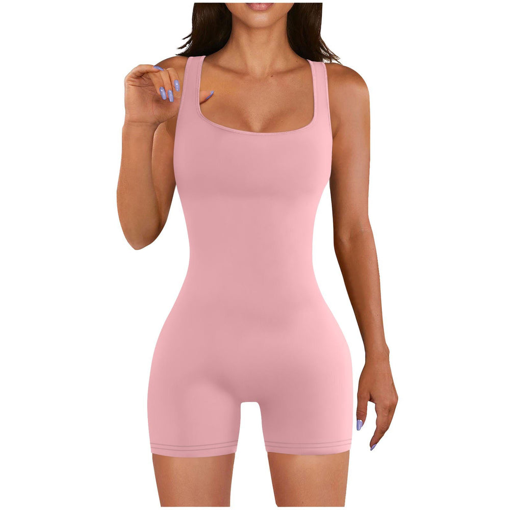summer women's zipper solid color square neck sleeveless waist tight one-piece shorts yoga pants