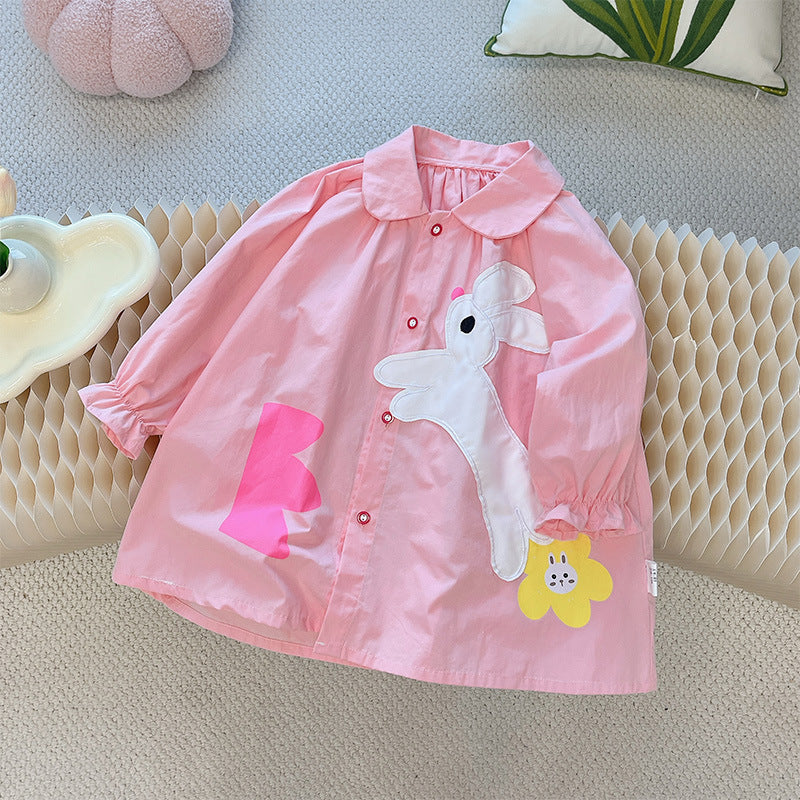 Girls' autumn new arrival: pure cotton doll shirt, long-sleeved blouse, cartoon pink baby girl shirt,  fashionable sweet style