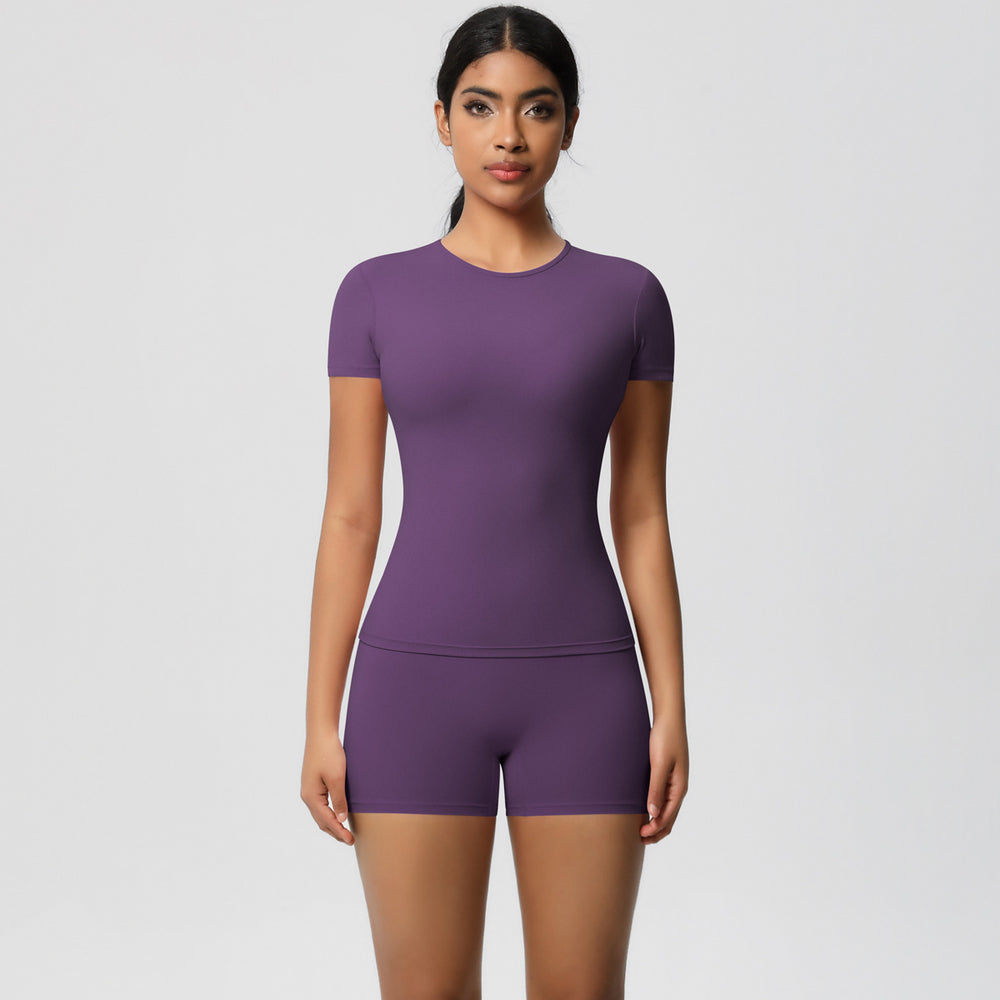 European and american nude feel tight-fitting short-sleeve t-shirt yoga outfit high-waisted butt-lifting quick-dry shorts running sports fitness set for women