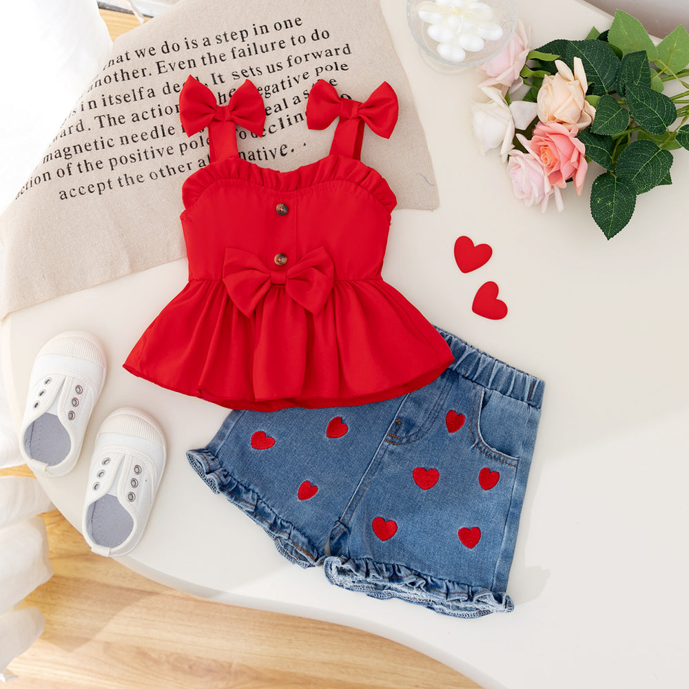 new cross-border girl's cute bow top + cow heart embroidered denim pants two-piece set