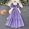 French square neck puff sleeve striped dress - women's summer korean style a-line midi dress for date night
