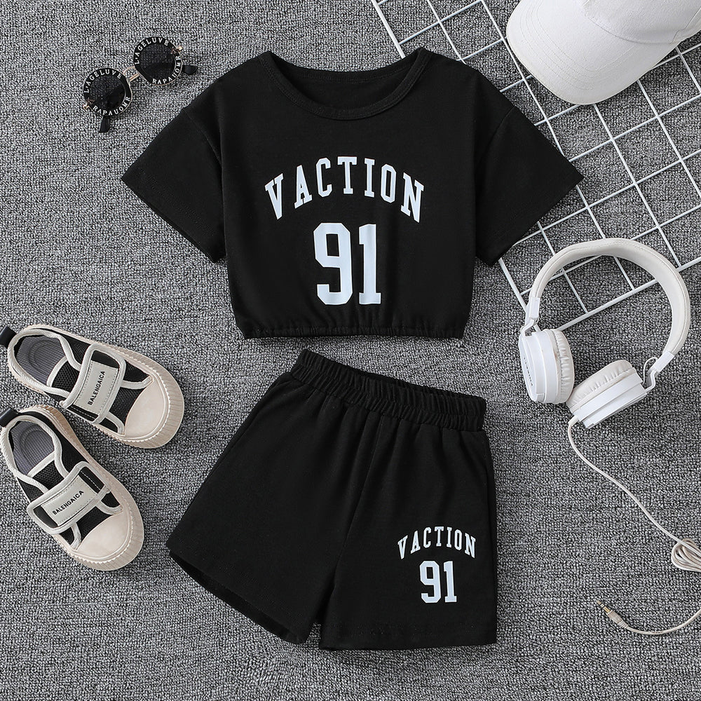 girls' activewear set: black letter print drawstring short-sleeve top and shorts - kids' summer two-piece outfit