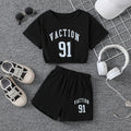 girls' activewear set: black letter print drawstring short-sleeve top and shorts - kids' summer two-piece outfit