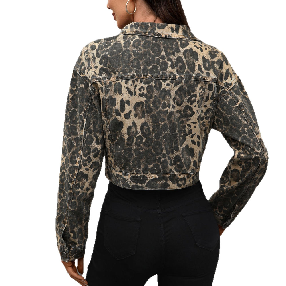 European and american cross-border women's fashion: new trendy streetwear leopard print denim cropped jacket for  and independent e-commerce stores