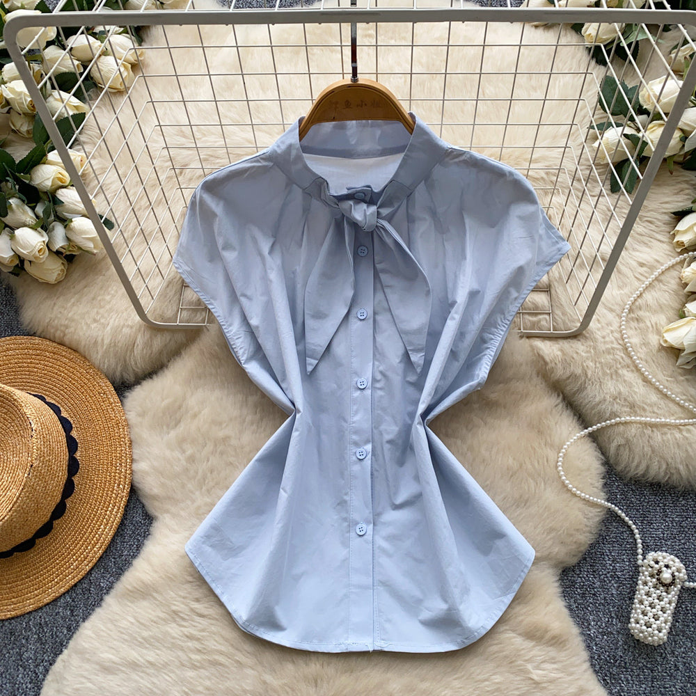 French sweet sleeveless breathable tie-up blouse - women's summer commute style, yellow design, age-defying top