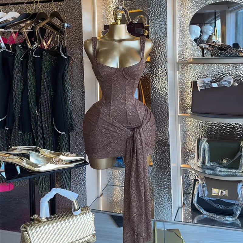 European and american cross-border women's fashion:  autumn new arrivals - sexy, elegant, solid color lace bodycon slip dress