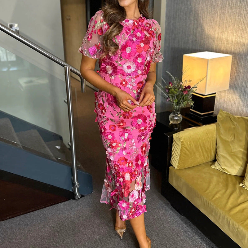 2025 spring new arrival: cross-border luxury round neck embroidered 3d floral puff sleeve midi bodycon dress