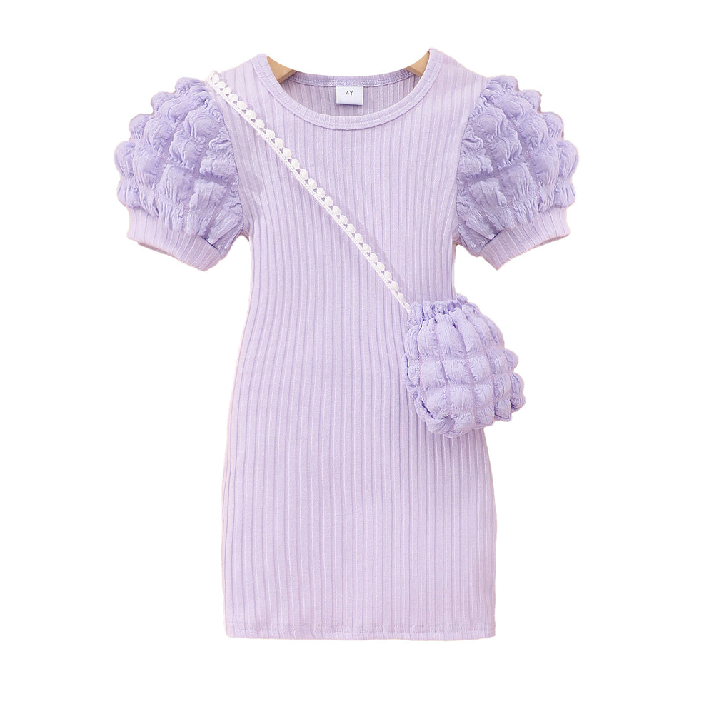 Kids' lightweight bubble sleeve short-sleeve crew neck solid color dress with bubble detail