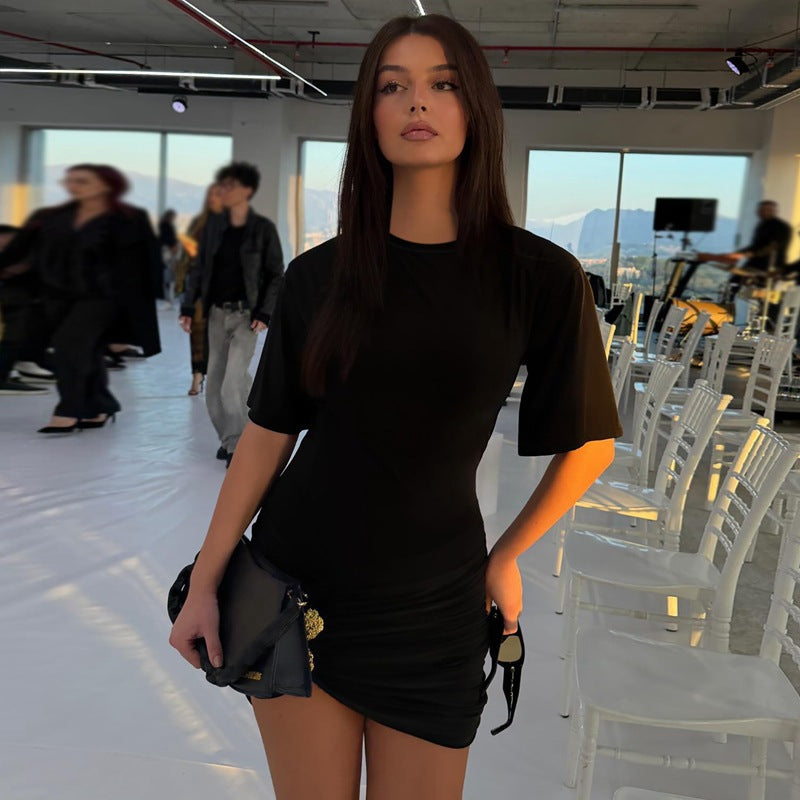 european and american women's clothing  summer new fashion solid color metallic embellished slim fit pleated bodycon mini dress