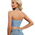 Fashion cross-border export women's denim sleeveless washed v neck single-breasted shorthalter vest silmslimming look