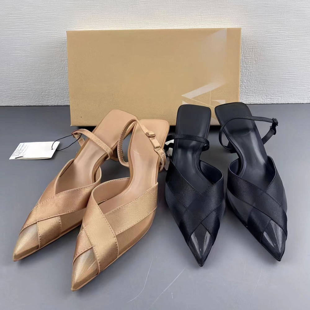Spanish trendy brand 2024 french pointed-toe elegant criss-cross mesh stiletto heel sandals with elastic back strap for women