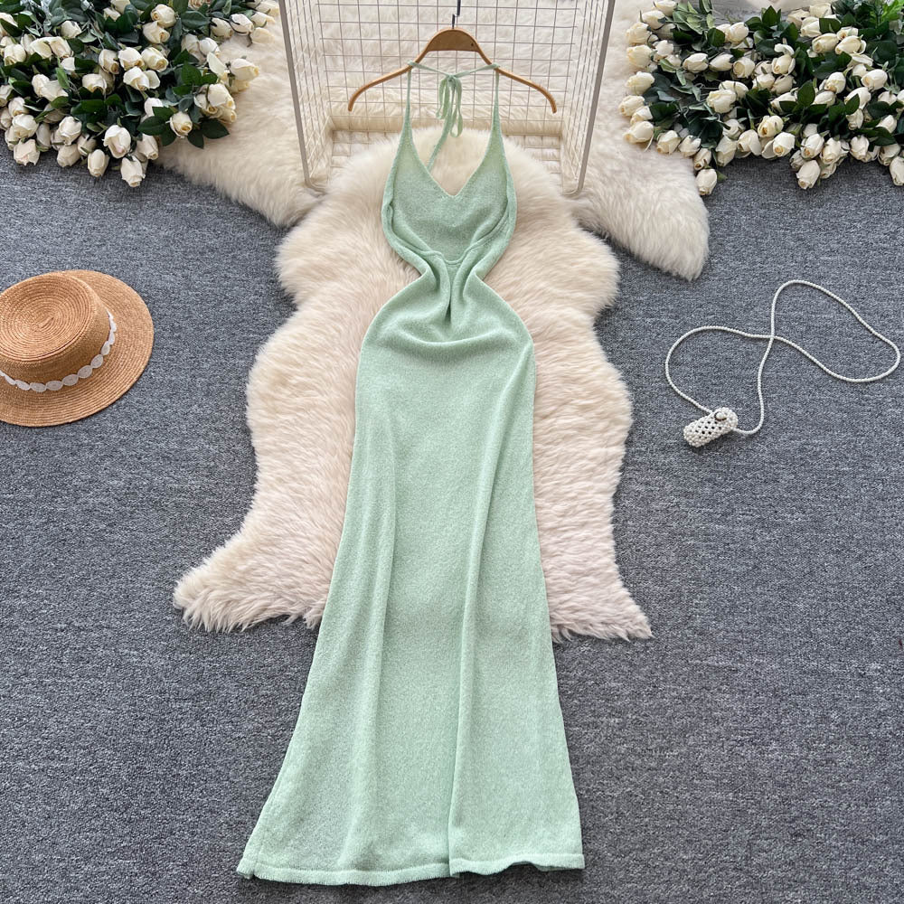 Fashionins pure lust hot girl halter suspender flower knittingdress female sense of design slit waist long skirt