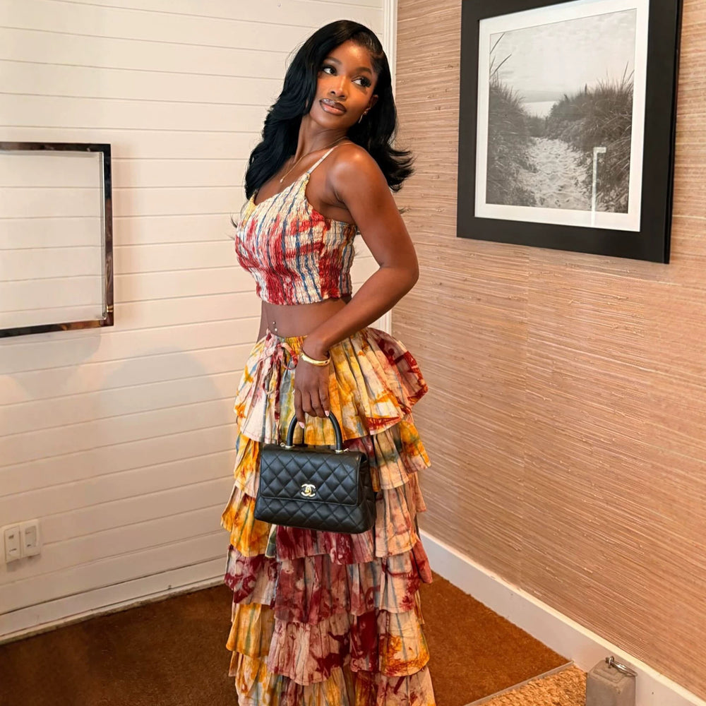 European and american cross-border women's fashion:  summer new collection - sleeveless printed cami top and ruffle hem skirt set