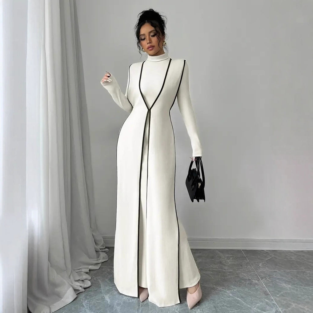 European and American  independent station women's elegant turtleneck contrasting color small pit strip vest long jacket long sleeve dress set