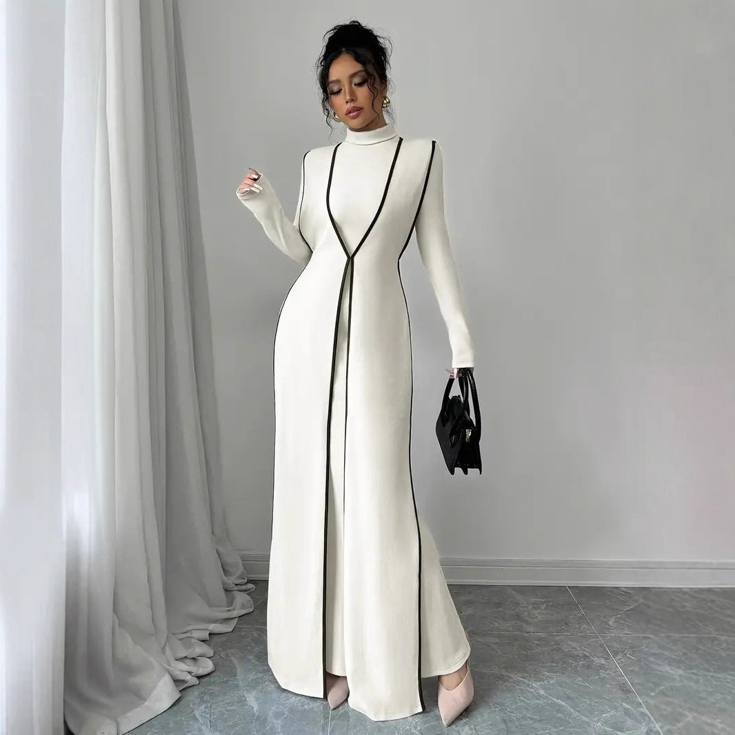 European and American  independent station women's elegant turtleneck contrasting color small pit strip vest long jacket long sleeve dress set