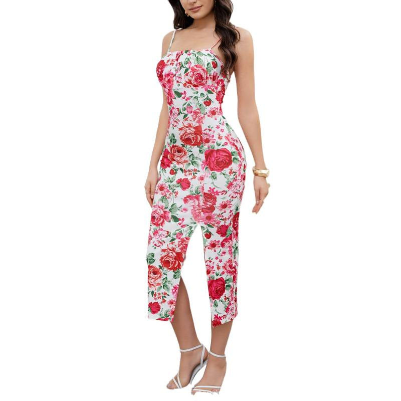cross-border new women's fashionable elegant floral print slit dress