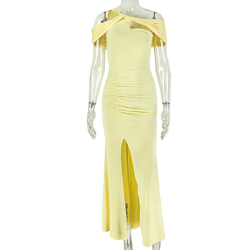 European and american style cross-border women's bodycon slit solid color bodycon dress with off-the-shoulder and asymmetrical design