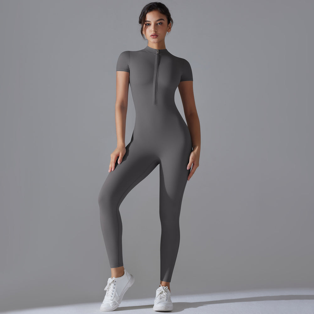 European and american nude feel zipper short sleeve yoga bodysuit - quick-dry, breathable, outdoor sports compression suit - fitness apparel