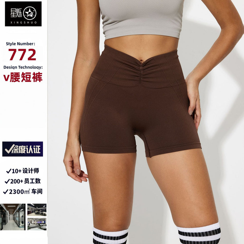 fashion seamless front wrinkle tight yoga shorts women's high waist belly control fitness pants butt lifting running sports shorts