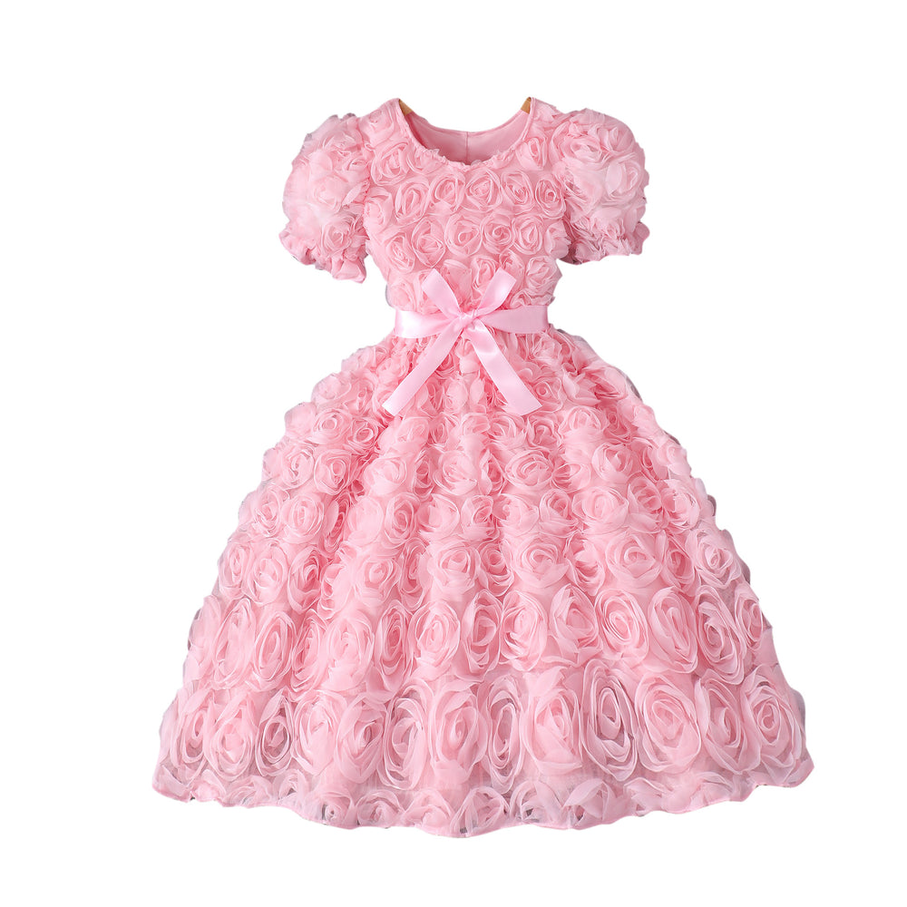 Girls' dress (sizes for mid-to-large children), 3d rose embellished dress + bow belt