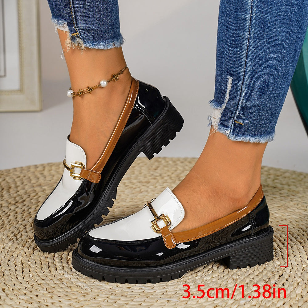 Wholesale plus size loafers: new color block design with metal buckle, british style slip-on chunky heel