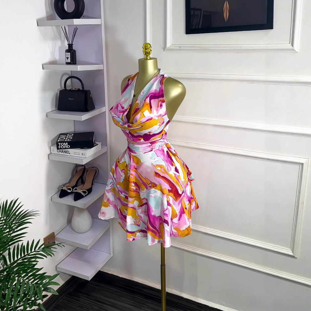 European and american cross-border women's fashion:  autumn new sleeveless off-the-shoulder tie-waist printed mini dress