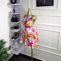 European and american cross-border women's fashion:  autumn new sleeveless off-the-shoulder tie-waist printed mini dress