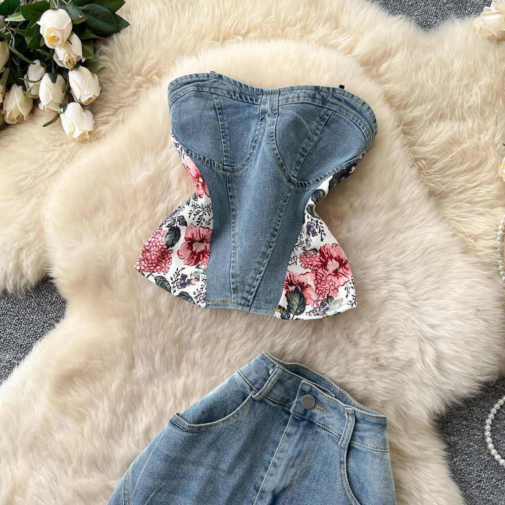 American retro floral embroidered denim two-piece set for women - summer slim fit, stylish and chic
