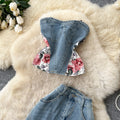 American retro floral embroidered denim two-piece set for women - summer slim fit, stylish and chic