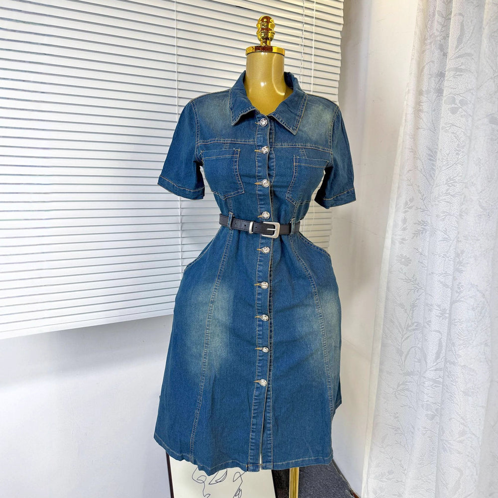 Dark blue denim dress women's summerretro single-breasted lapel waist strap slimming look a-line mid-length skirt