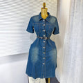 Dark blue denim dress women's summerretro single-breasted lapel waist strap slimming look a-line mid-length skirt