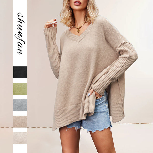 New 2025 autumn and winter   women's clothing large size personalized fashion V-neck knitted sweater  pullover sweater