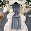 Sophisticated and elegant, this sleeveless, mock-neck knit dress is perfect for women's summer wear. featuring a korean-inspired design, this figure-flattering a-line dress is ideal for both work and casual outings