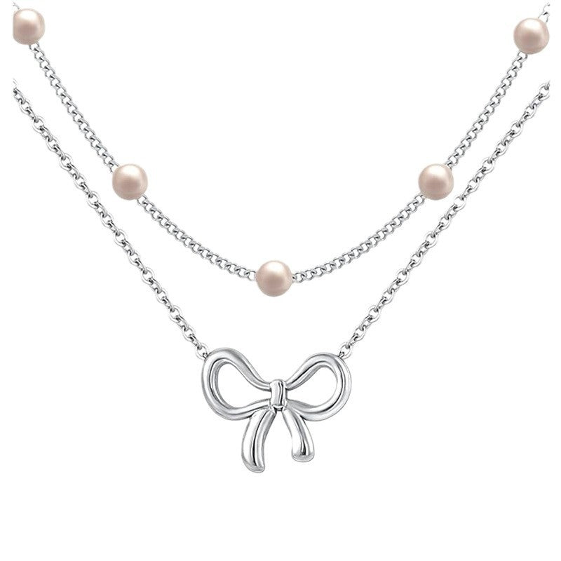 European and american cross-border new multi-layer choker necklace for women, simple and elegant bowknot faux pearl pendant necklace gift
