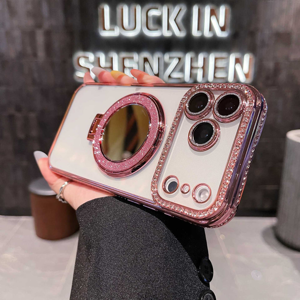 Luxury rhinestone-embellished frame case for iphone 17 pro max, apple 16 glitter mirror magnetic stand case
