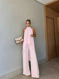 Independent station fashion cross-border  summer fashioncasual asymmetrical sleeveless elegantpure color pants suit women's clothing