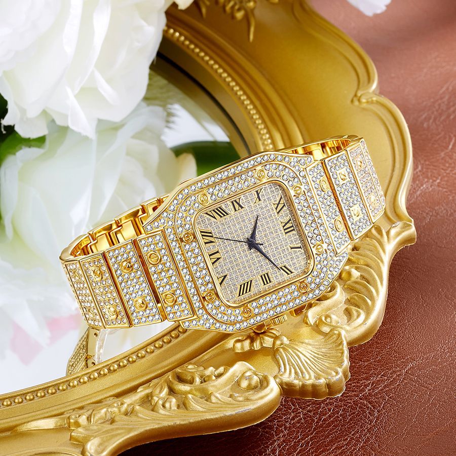 hot selling fashion square diamond-studded roman numeral dial women's quartz watch - silver & gold