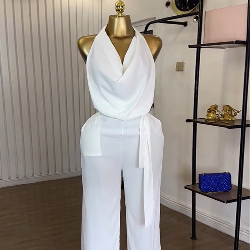 European and american cross-border women's fashion:  autumn new collection - stylish halter crop top and wide-leg pants casual set