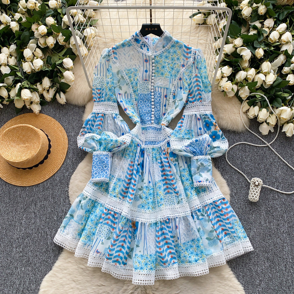 Elegant court style printed lantern sleeve dress - women's summer lace patchwork waist design midi dress