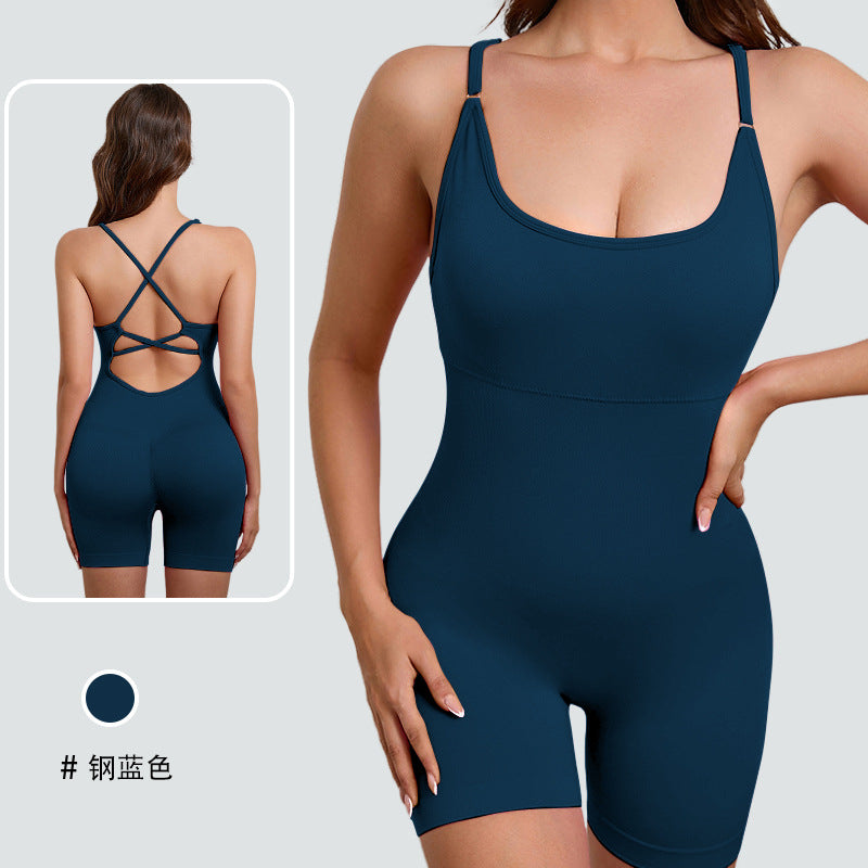 European and american style one-piece yoga bodysuit with removable padded bra, criss-cross back design, breathable, casual, activewear, and shaping bodysuit