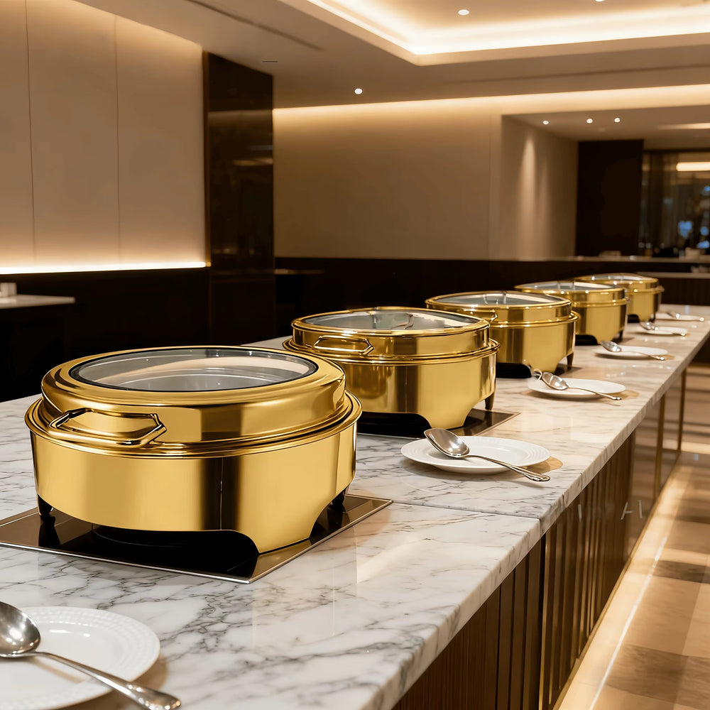 Round stainless steel buffet warming cabinet set, 6l visible glass lid buffet stove, hotel kitchen equipment - in stock